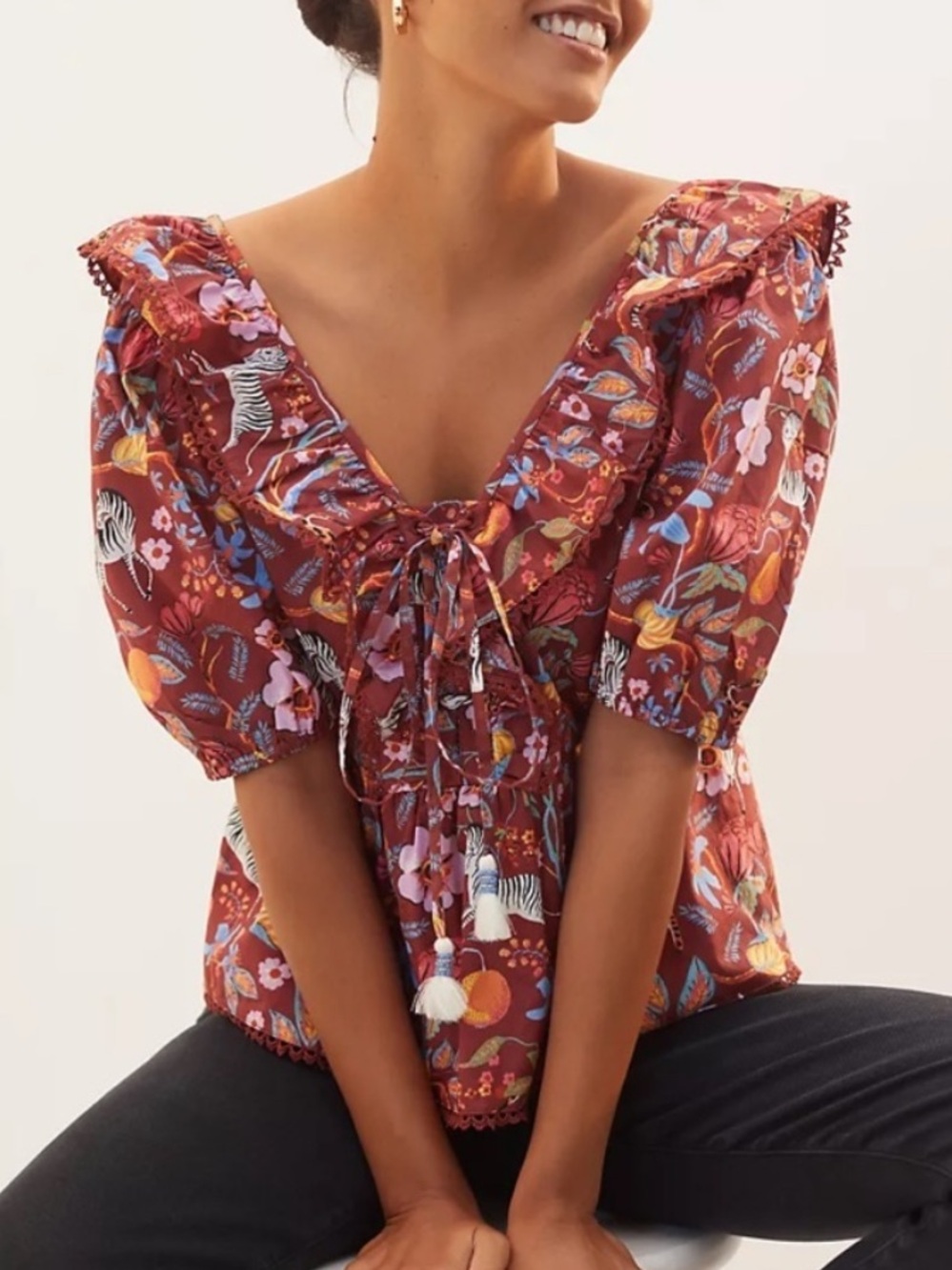 MAEVE ANTHROPOLOGIE RUFFLED TIE FLORAL SAFARI PRINT POUF SLEEVE 100% COTTON XL